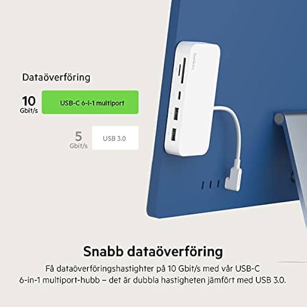 Belkin 6-i-1 USB Type C, baksidesmonterad dockningsstation för iMac 24 tum med SD- och microSD-kortläsare, Gigabit Ethernet, 2 USB A portar och USB C port, Vitt, INC011btWH
